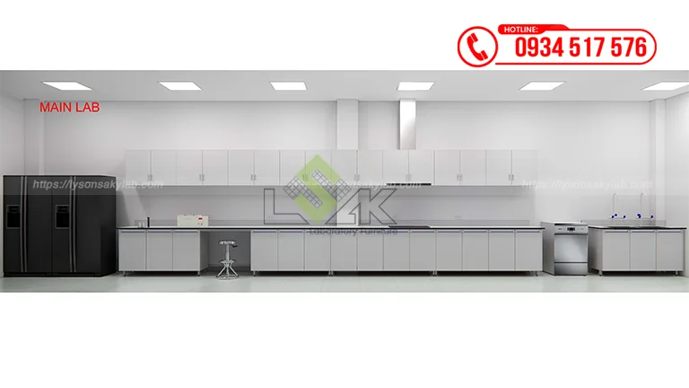 Dãy bàn thí nghiệm áp tường và kệ treo tường Thiết kế phòng lab Nhà máy sữa và Đồ uống giải khát từ sữa DenEast (Giai đoạn 2) Trung tâm khơi nguồn sáng tạo Bloom